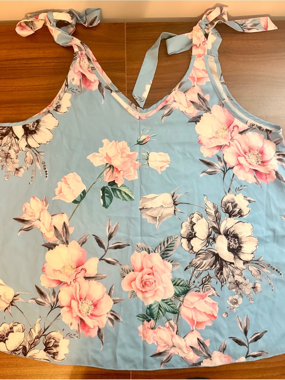 Light Blue Floral Tie-Shoulder Camisole with Pink Rose Print